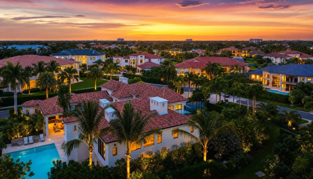Aerial sunset view of a South Florida neighborhood with clay tile roofs and a pool